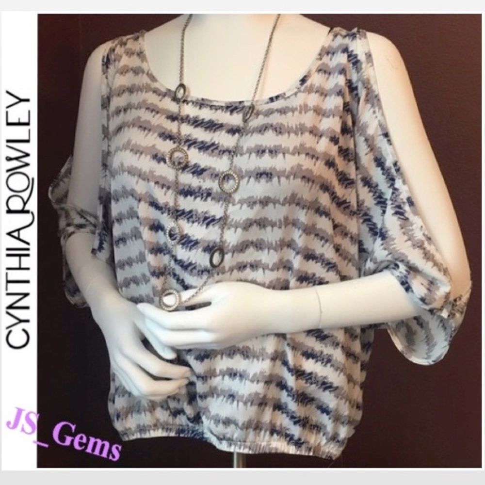 Cynthia Rowley Top Womens Medium Cold Shoulder Blue Striped White Blouse